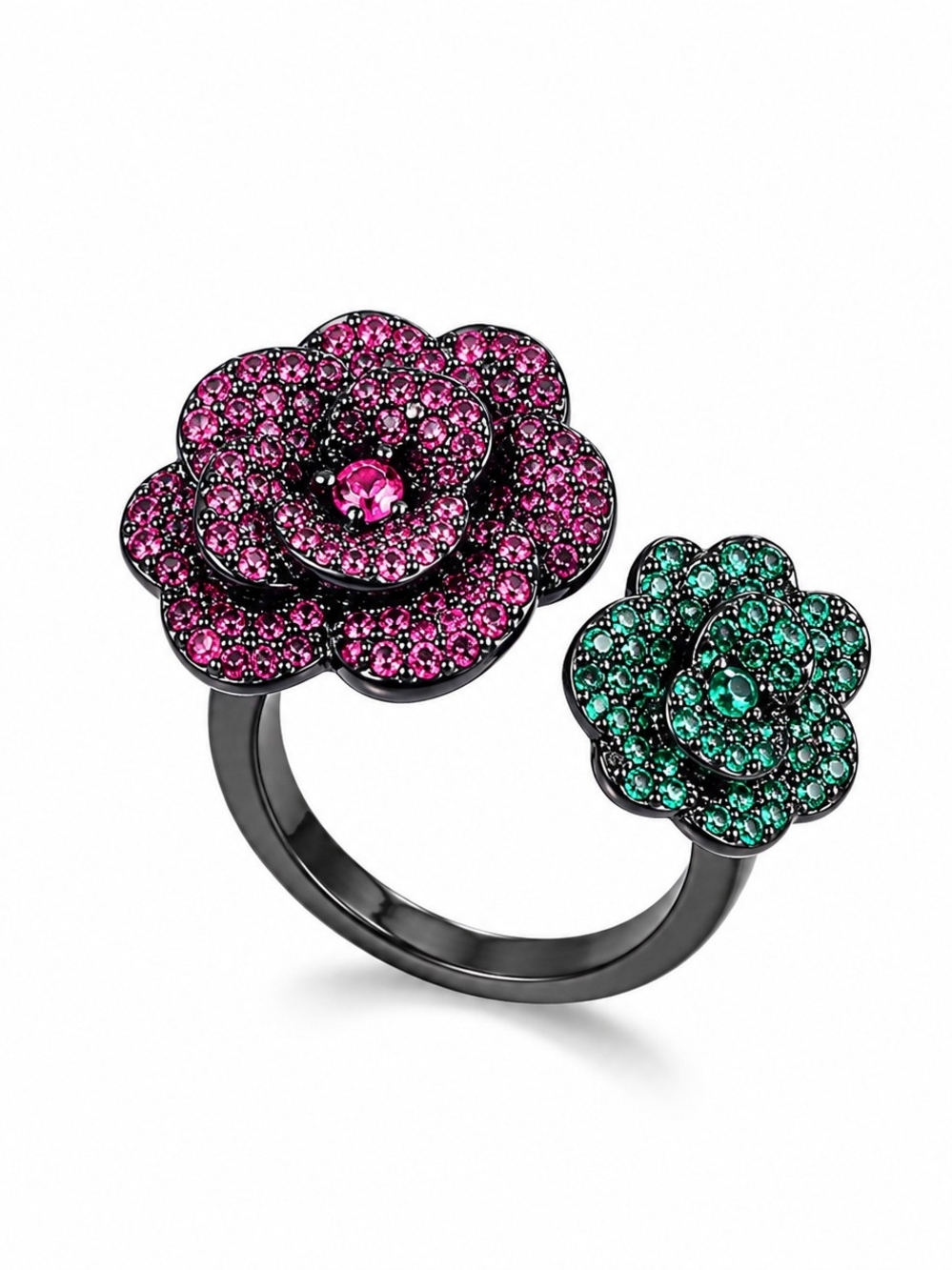 Midnight Garden Ring 🌹 Pink & Emerald Green Floral Statement Ring — Adjustable